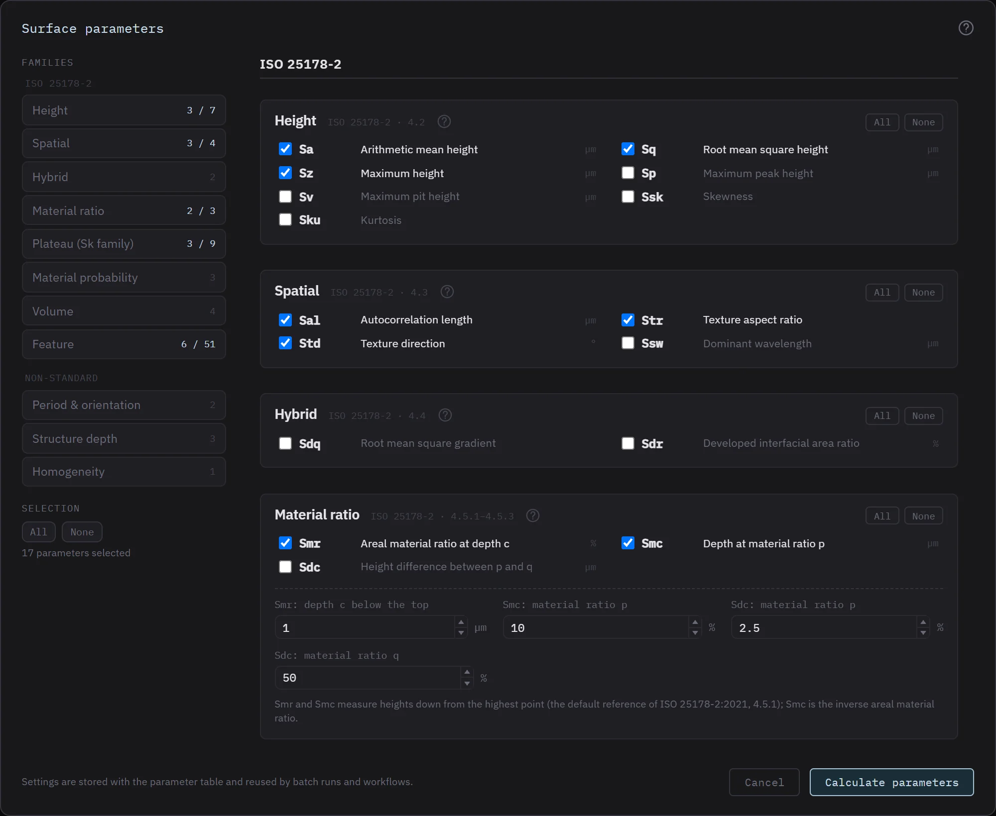 Parameters dialog: the families with their selected counts on the left; height, spatial, hybrid and material ratio sections with their parameters and the material-ratio settings on the right