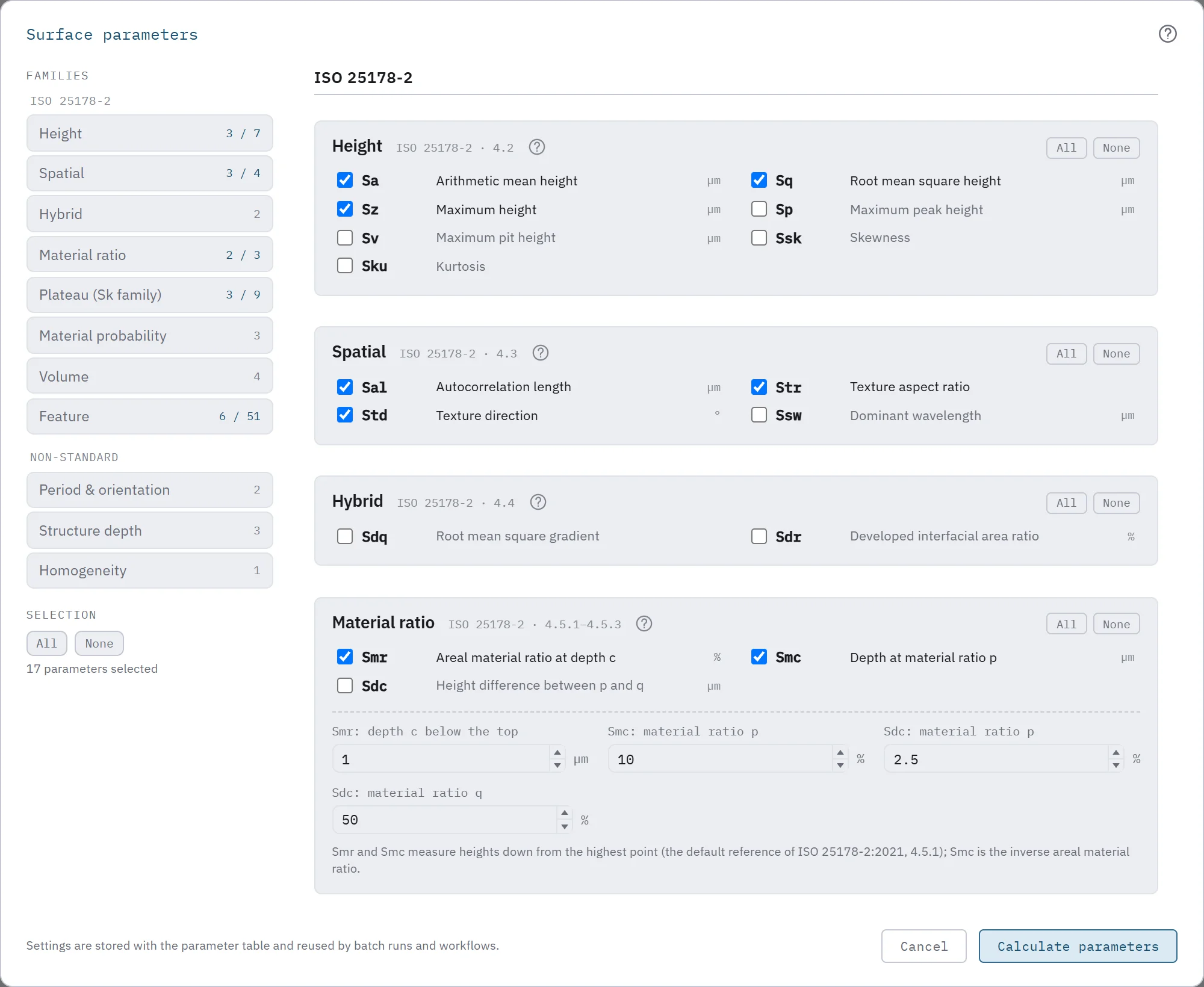 Parameters dialog: the families with their selected counts on the left; height, spatial, hybrid and material ratio sections with their parameters and the material-ratio settings on the right